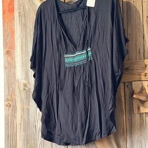 Black Rayon and Spandex Blend V-Neck Top with Embroidered Ap